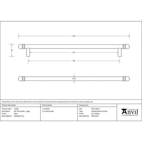 From The Anvil Cabinet Hardware Black / Cabinet Pull Handles From The Anvil - Black 344mm Bar Pull Handle