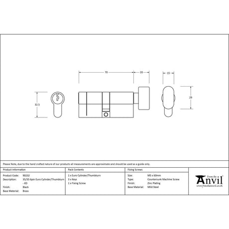 From The Anvil Locks & Latches Black / Euro Cylinder & Turn / 35 x 35mm From The Anvil - Black 35/35 6pin Euro Cylinder/Thumbturn KD