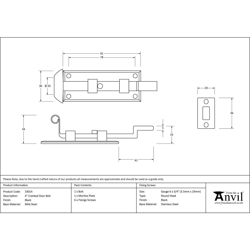 From The Anvil Accessories Black / Cranked Surface Bolts / 100mm / 4" From The Anvil - Black 4" Cranked Door Bolt