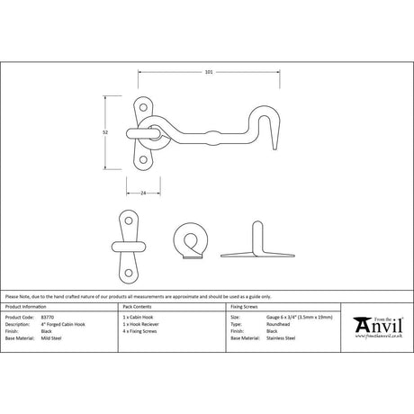 From The Anvil Accessories Black / Cabin Hooks / 4" / 100mm From The Anvil - Black 4" Forged Cabin Hook
