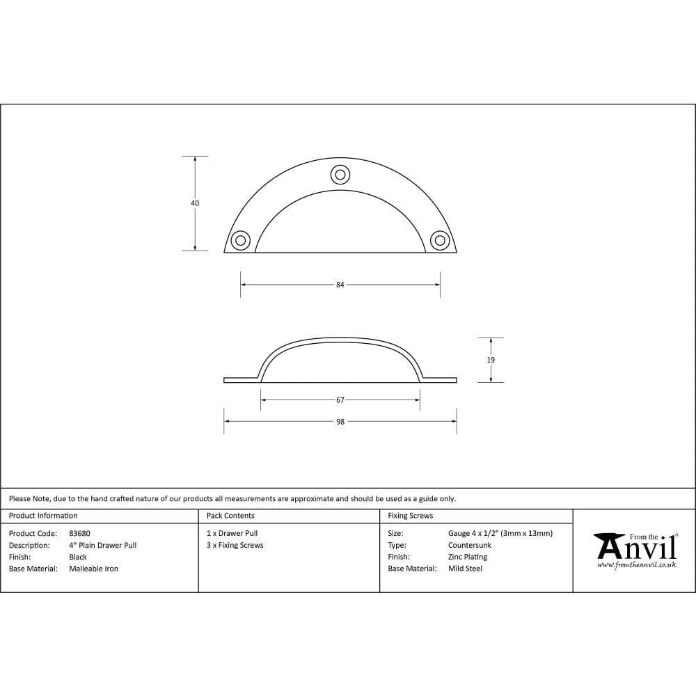 From The Anvil Cabinet Hardware Black / Cabinet Cup Pulls From The Anvil - Black 4" Plain Drawer Pull