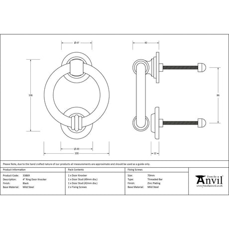 From The Anvil Door Furniture Black / Ring Door Knocker From The Anvil - Black 4" Ring Door Knocker
