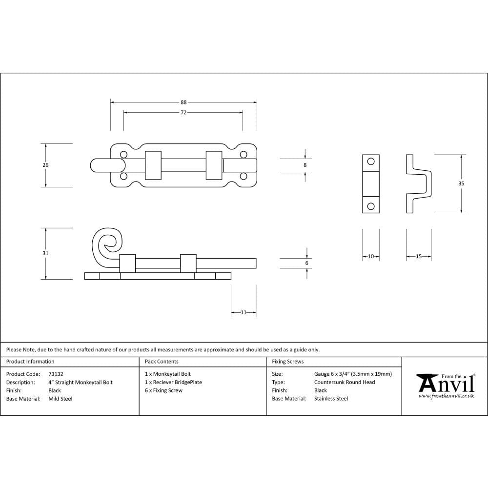 From The Anvil Accessories Black / Straight Surface Bolts / 100mm / 4" From The Anvil - Black 4" Straight Monkeytail Bolt