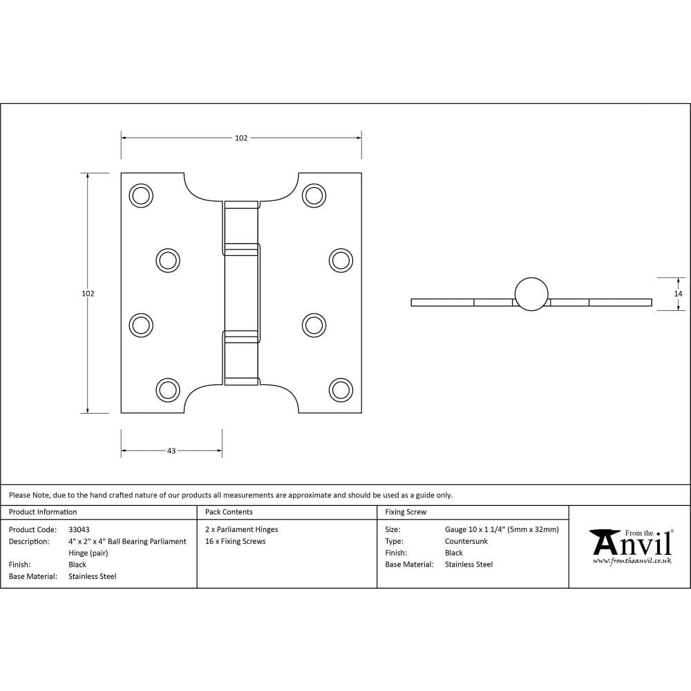 From The Anvil Hinges Black / Parliament Hinges / 4" x (102mm) From The Anvil - Black 4" x 2" x 4" Parliament Hinge (pair) ss