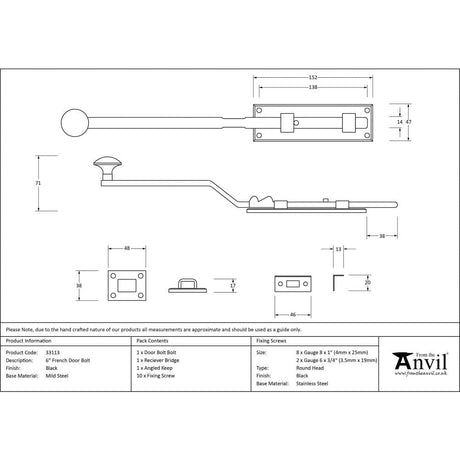 From The Anvil Accessories Black / Straight Surface Bolts / 150mm / 6" From The Anvil - Black 6" French Door Bolt