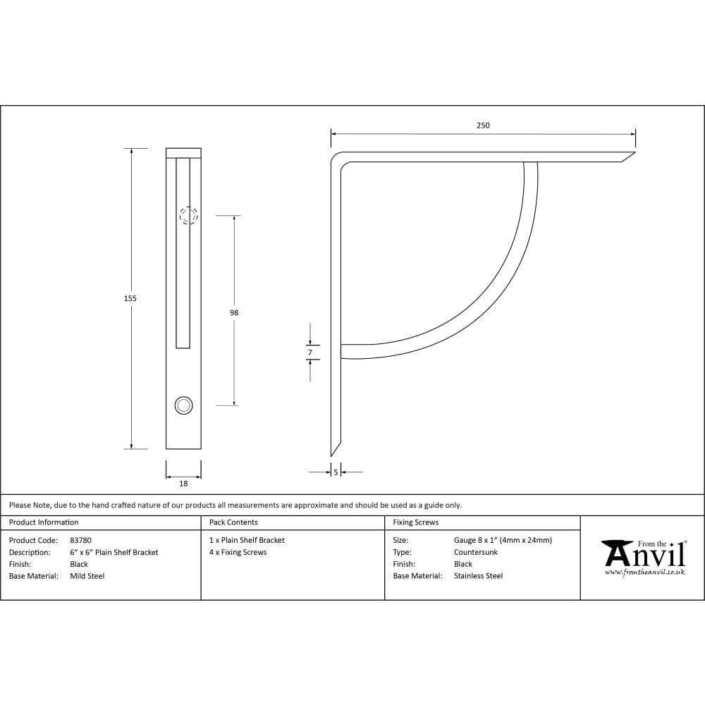 From The Anvil Accessories Black / Shelf Brackets / 6 x 6" From The Anvil - Black 6'' x 6'' Plain Shelf Bracket