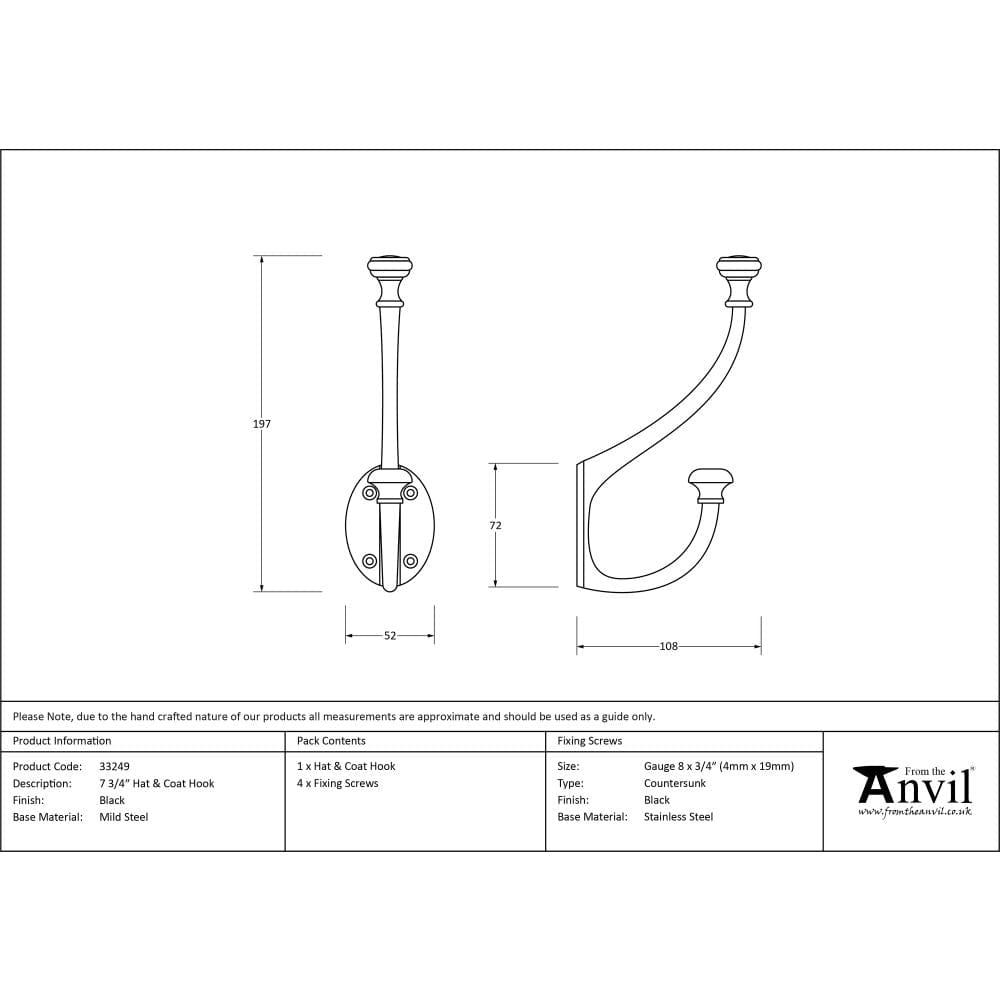 From The Anvil Accessories Black / Hat & Coat Hooks From The Anvil - Black 7 3/4" Hat & Coat Hook