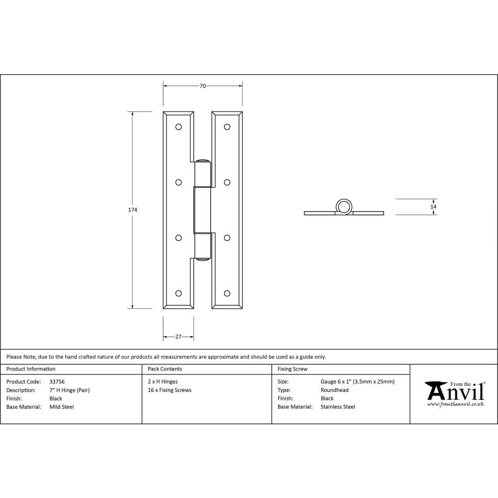 From The Anvil Hinges Black / H & HL Hinges / 7" (179mm) From The Anvil - Black 7" H Hinge (pair)