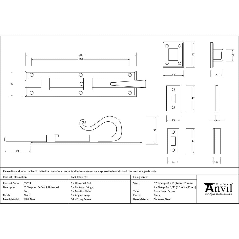 From The Anvil Accessories Black / Straight Surface Bolts / 200mm / 8" From The Anvil - Black 8" Shepherd's Crook Universal Bolt