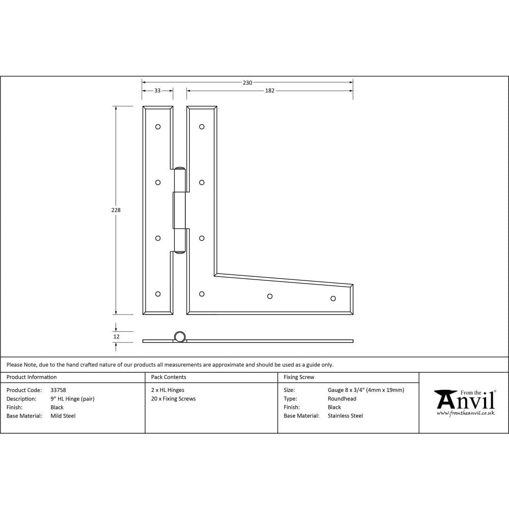 From The Anvil Hinges Black / H & HL Hinges / 9" (229mm) From The Anvil - Black 9" HL Hinge (pair)