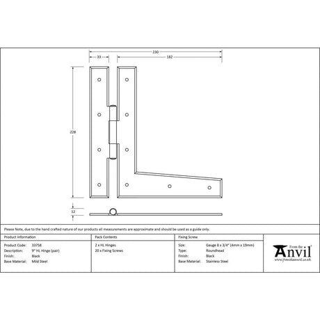 From The Anvil Hinges Black / H & HL Hinges / 9" (229mm) From The Anvil - Black 9" HL Hinge (pair)