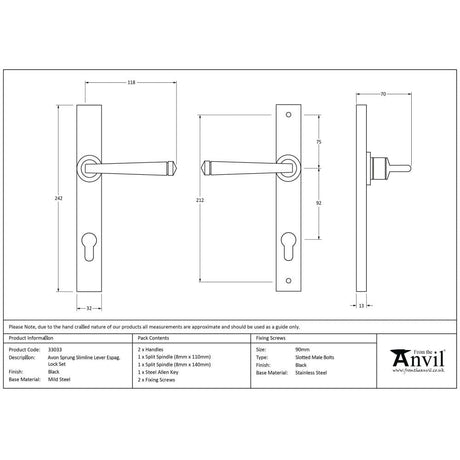 From The Anvil Door Furniture Black / Multi Point Lock Set / 92mm c/c From The Anvil - Black Avon Slimline Lever Espag. Lock Set