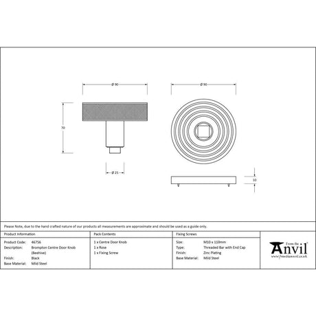 From The Anvil Door Furniture Black / Beehive Centre Door Knob From The Anvil - Black Brompton Centre Door Knob (Beehive)