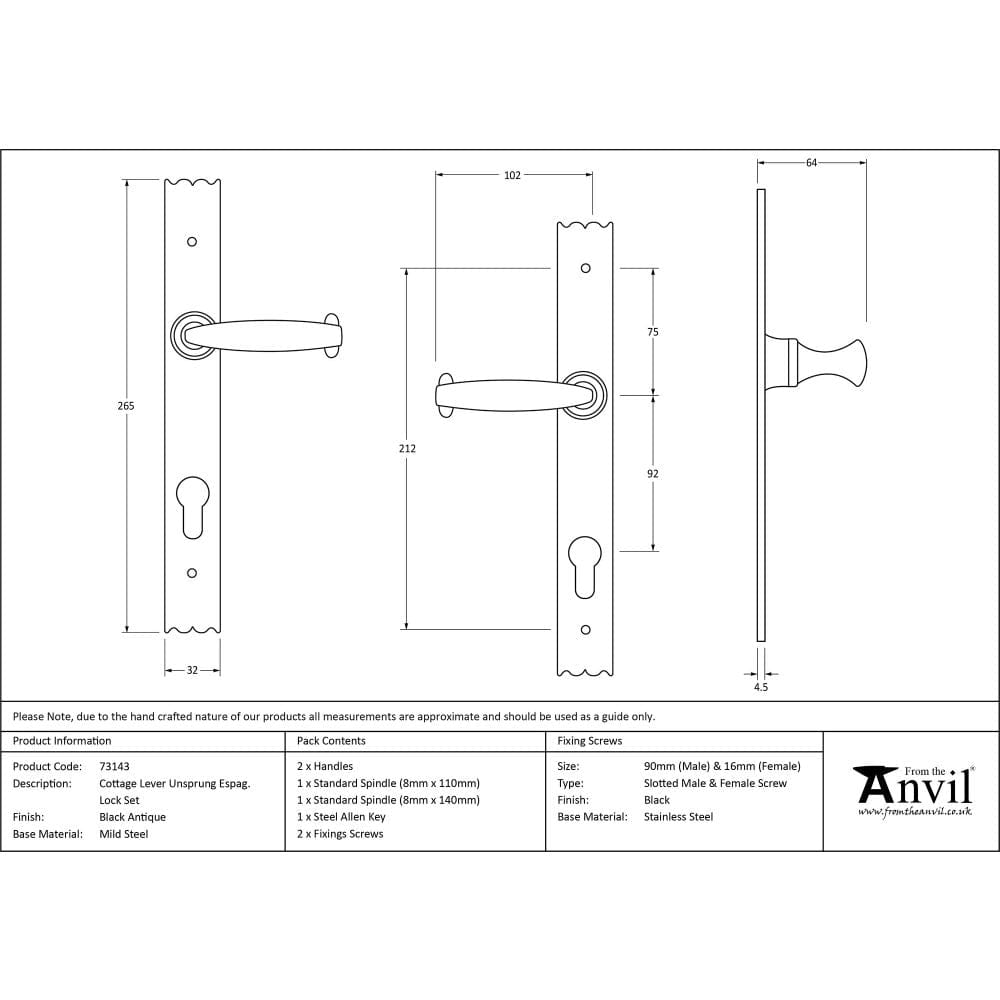 From The Anvil Door Furniture Black / Multi Point Lock Set / 92mm c/c From The Anvil - Black Cottage Lever Espag. Lock Set