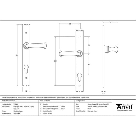 From The Anvil Door Furniture Black / Multi Point Lock Set / 92mm c/c From The Anvil - Black Cottage Lever Espag. Lock Set