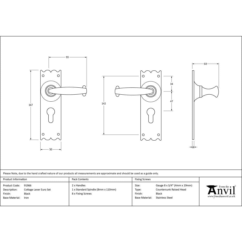 From The Anvil Door Furniture Black / Euro Profile Lock Handles From The Anvil - Black Cottage Lever Euro Lock Set