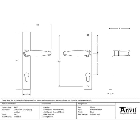 From The Anvil Door Furniture Black / Multi Point Lock Set / 92mm c/c From The Anvil - Black Cottage Slimline Lever Espag. Lock Set