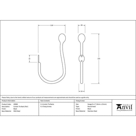 From The Anvil Accessories Black / Tie Backs From The Anvil - Black Curtain Tie Back (pair)