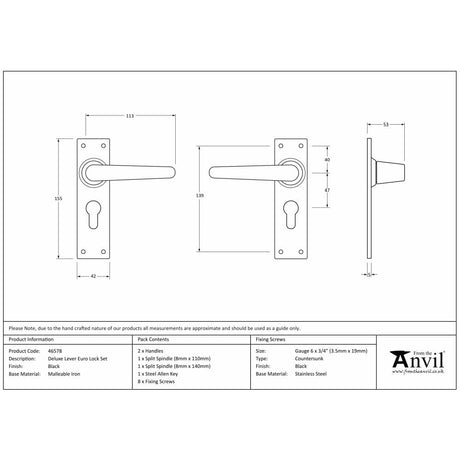 From The Anvil Door Furniture Black / Euro Profile Lock Handles From The Anvil - Black Deluxe Lever Euro Lock Set
