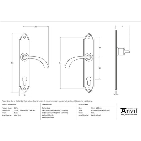 From The Anvil Door Furniture Black / Multi Point Lock Set / 92mm c/c From The Anvil - Black Gothic Curved Lever Espag. Lock Set