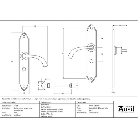 From The Anvil Door Furniture Black / Bathroom Lock Handles From The Anvil - Black Gothic Curved Sprung Lever Bathroom Set