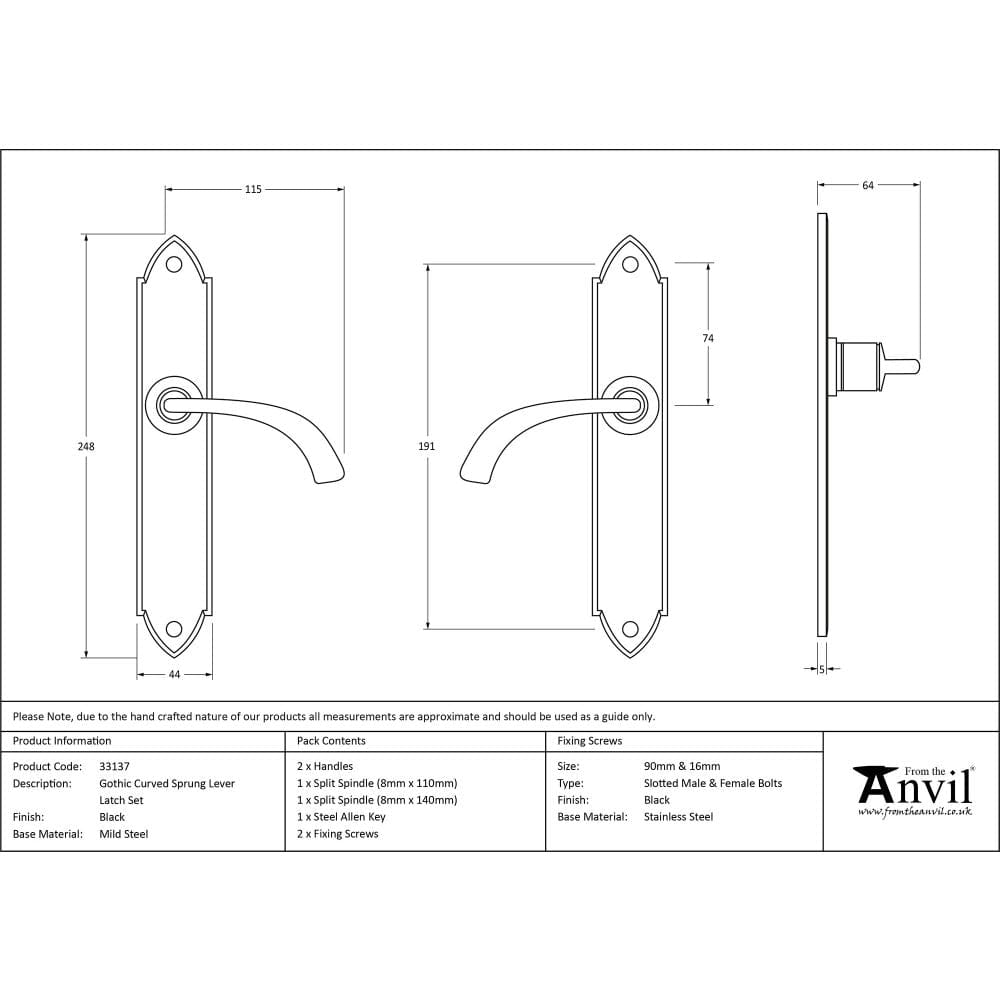 From The Anvil Door Furniture Black / Latch Handles From The Anvil - Black Gothic Curved Sprung Lever Latch Set