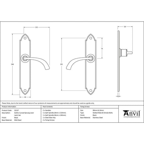 From The Anvil Door Furniture Black / Latch Handles From The Anvil - Black Gothic Curved Sprung Lever Latch Set