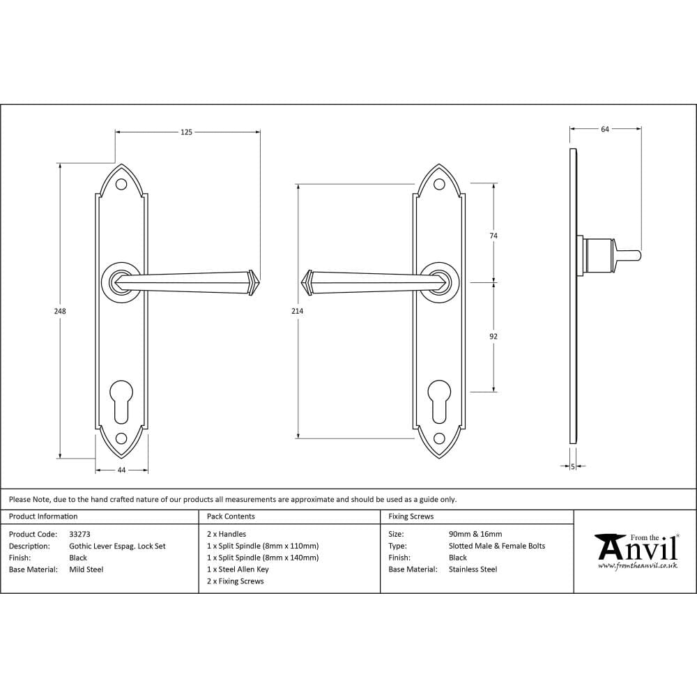 From The Anvil Door Furniture Black / Multi Point Lock Set / 92mm c/c From The Anvil - Black Gothic Lever Espag. Lock Set