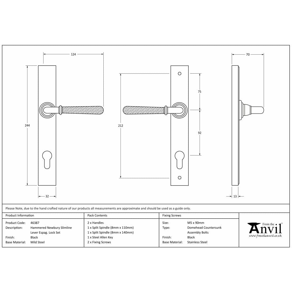 From The Anvil Door Furniture Black / Multi Point Lock Set / 92mm c/c From The Anvil - Black Hammered Newbury Slimline Espag. Lock Set