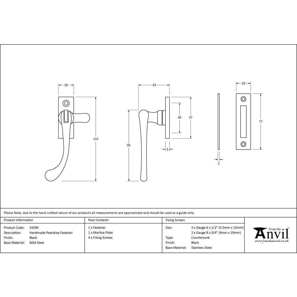 From The Anvil Window Furniture Black / No / Mortice & Hook Place From The Anvil - Black Handmade Peardrop Fastener