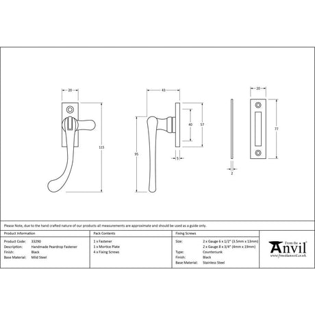 From The Anvil Window Furniture Black / No / Mortice & Hook Place From The Anvil - Black Handmade Peardrop Fastener
