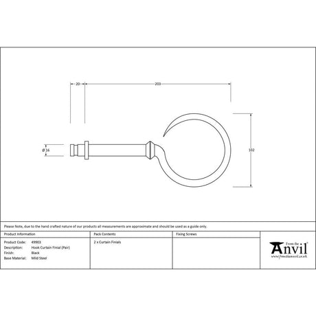 From The Anvil Accessories Black / Finials From The Anvil - Black Hook Curtain Finial (pair)