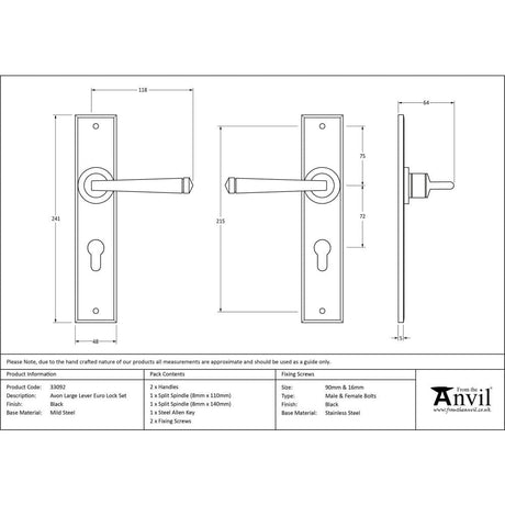 From The Anvil Door Furniture Black / Euro Profile Lock Handles From The Anvil - Black Large Avon 72mm Centre Euro Lock Set