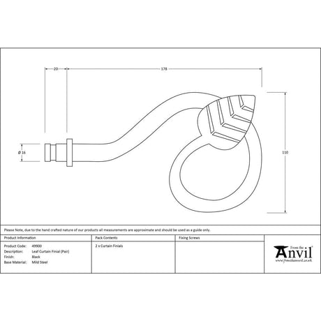 From The Anvil Accessories Black / Finials From The Anvil - Black Leaf Curtain Finial (pair)