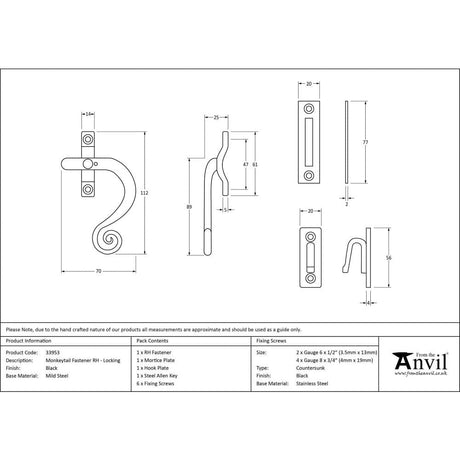 From The Anvil Window Furniture Black / Yes / Mortice & Hook Place From The Anvil - Black Locking Monkeytail Fastener - RH