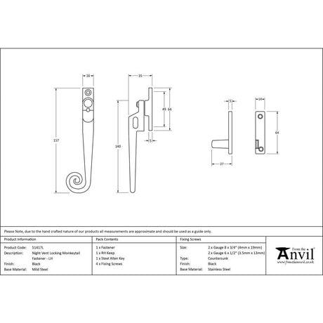 From The Anvil Window Furniture Black / Yes / Night Vent From The Anvil - Black Locking Night-Vent Monkeytail Fastener - LH