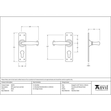 From The Anvil Door Furniture Black / Euro Profile Lock Handles From The Anvil - Black MF Lever Euro Lock Set