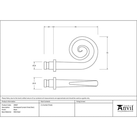 From The Anvil Accessories Black / Finials From The Anvil - Black Monkeytail Curtain Finial (pair)
