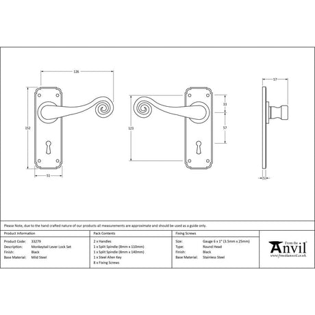 From The Anvil Door Furniture Black / Std. Lock Handles From The Anvil - Black Monkeytail Lever Lock Set