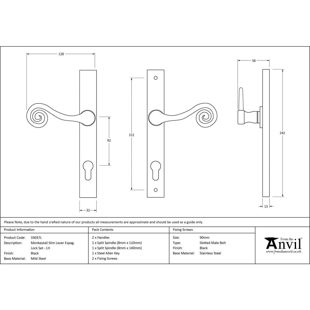 From The Anvil Door Furniture Black / Multi Point Lock Set / 92mm c/c From The Anvil - Black Monkeytail Slimline Lever Espag. Lock Set - LH