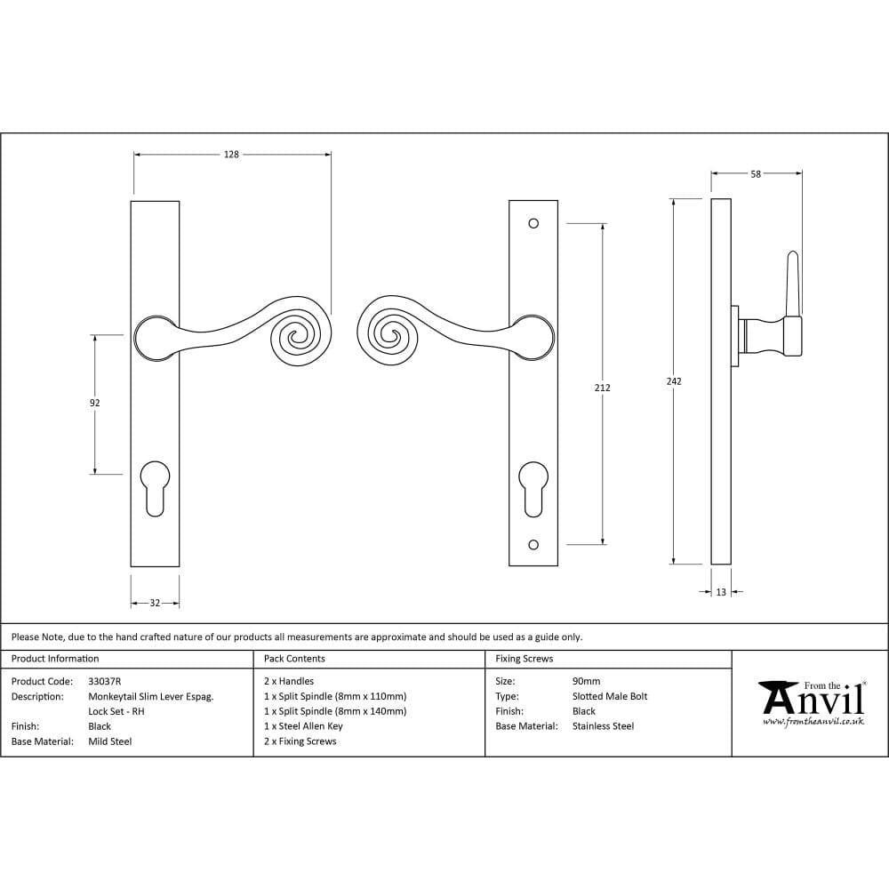 From The Anvil Door Furniture Black / Multi Point Lock Set / 92mm c/c From The Anvil - Black Monkeytail Slimline Lever Espag. Lock Set - RH