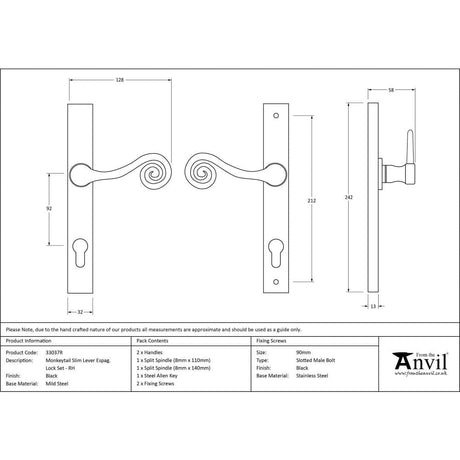 From The Anvil Door Furniture Black / Multi Point Lock Set / 92mm c/c From The Anvil - Black Monkeytail Slimline Lever Espag. Lock Set - RH