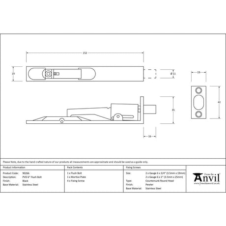 From The Anvil Accessories Black / Flush Bolts / 150mm / 6" From The Anvil - Black PVD Stainless Steel 6" Flush Bolt