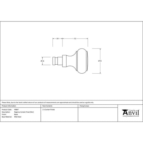 From The Anvil Accessories Black / Finials From The Anvil - Black Regency Curtain Finial (pair)