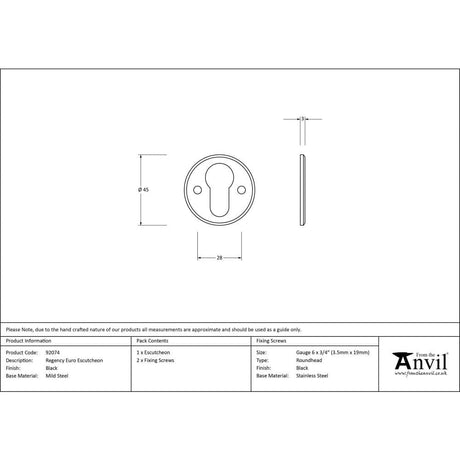 From The Anvil Door Furniture Black / Euro Profile Escutcheons From The Anvil - Black Regency Euro Escutcheon