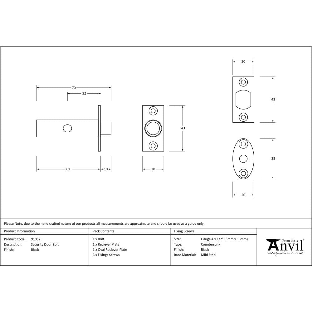 From The Anvil Locks & Latches Black / Rack Bolt From The Anvil - Black Security Door Bolt