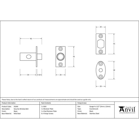From The Anvil Window Furniture Black / Bolts From The Anvil - Black Security Window Bolt