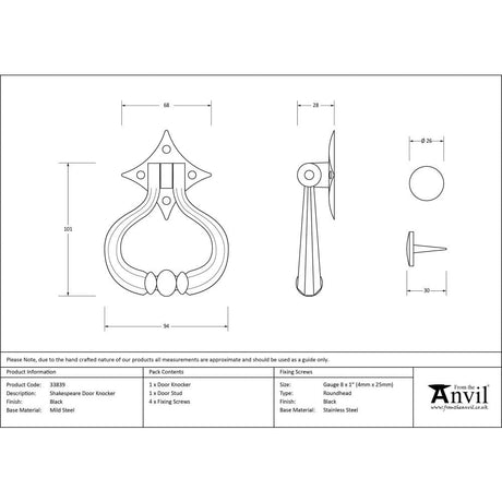 From The Anvil Door Furniture Black From The Anvil - Black Shakespeare Door Knocker