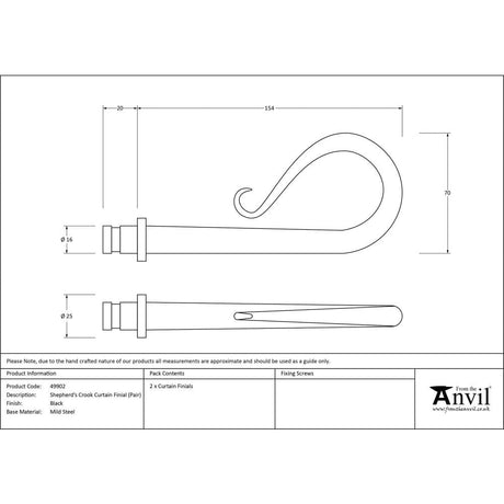 From The Anvil Accessories Black / Finials From The Anvil - Black Shepherd's Crook Curtain Finial (pair)