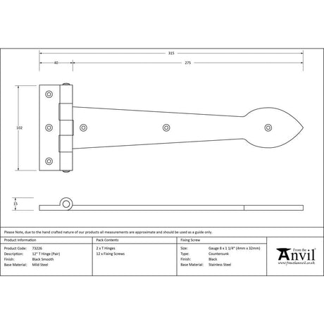 From The Anvil Hinges Black / Tee Hinges / 12" (304mm) From The Anvil - Black Smooth 12" Cast T Hinge (pair)